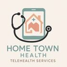 Logo for Hometown Health telehealth services with a stethoscope and house symbol on a smartphone.